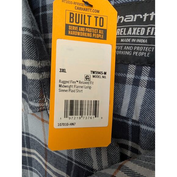 Carhartt Flannel Shirt Mens 3XL Blue Plaid Relaxed Fit Long Sleeve Button-Up NWT - Picture 3 of 5